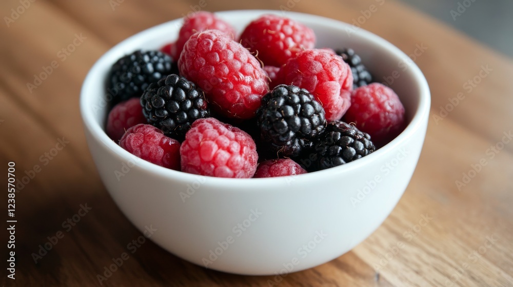 Raspberries and blackberries in bowl on wood table Raspberries and blackberries in bowl on wood table