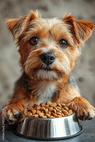 Adorable Jack Russell Terrier dog with a dry pet food bowl on a pastel background