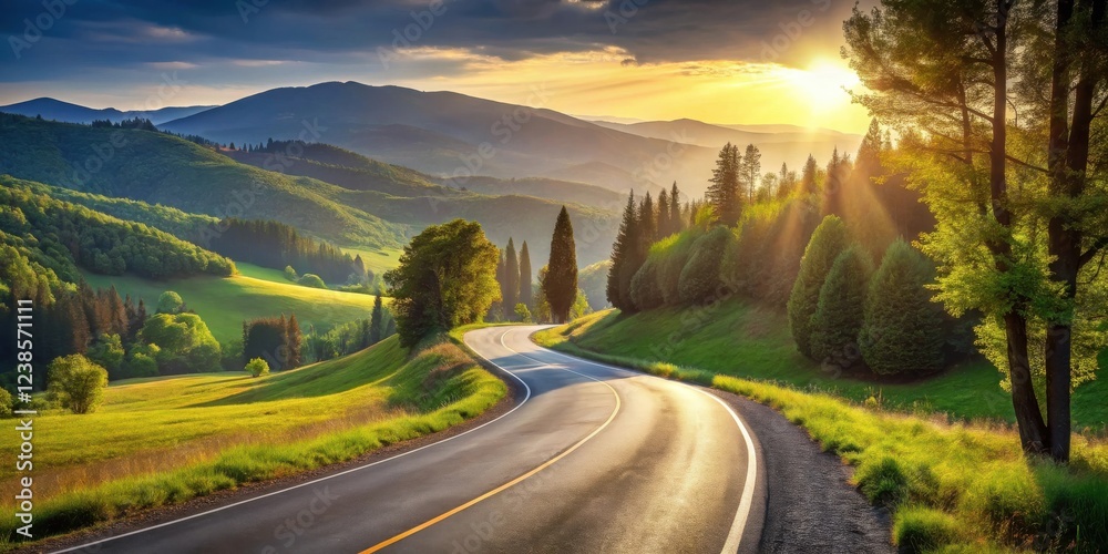 Fototapeta premium Serene Sunset Drive Through Rolling Hills and Lush Forests
