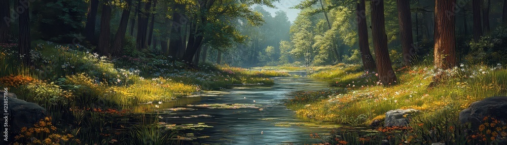 Fototapeta premium Serene Forest Stream Surrounded by Lush Greenery and Wildflowers in a Sunlit Woodland Setting