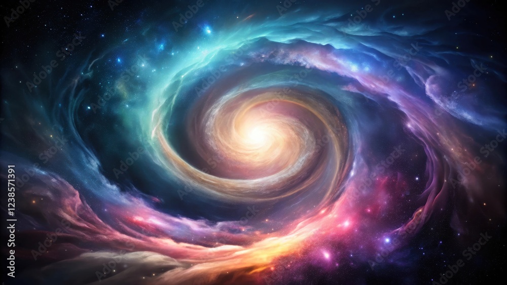 A swirling cosmic nebula with vibrant colors and a bright central core A swirling cosmic nebula with vibrant colors and a bright central core