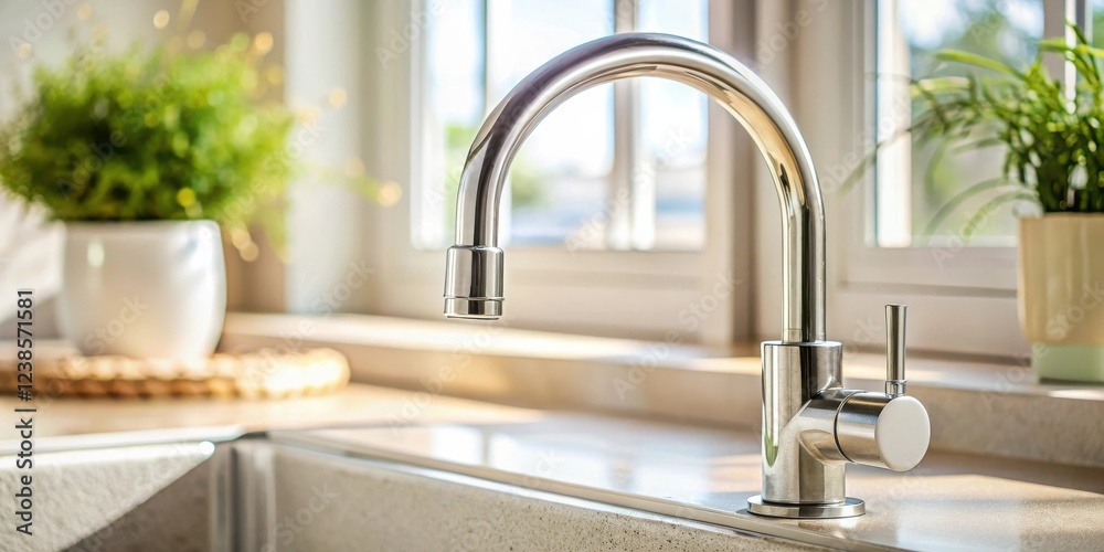 Modern kitchen faucet with sunlight reflecting on its polished chrome finish Modern kitchen faucet with sunlight reflecting on its polished chrome finish