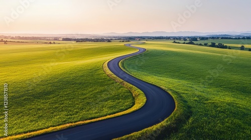 Wallpaper Mural Countryside roads nature concept. A winding road through lush green fields at sunset, showcasing nature's beauty. Torontodigital.ca