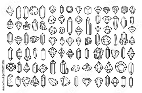 Gems and crystals black outline vector set. Brilliant diamond sparkle carat quartz jewelry stones, minerals glass cobblestones monochrome linear sketch isolated illustrations on white background