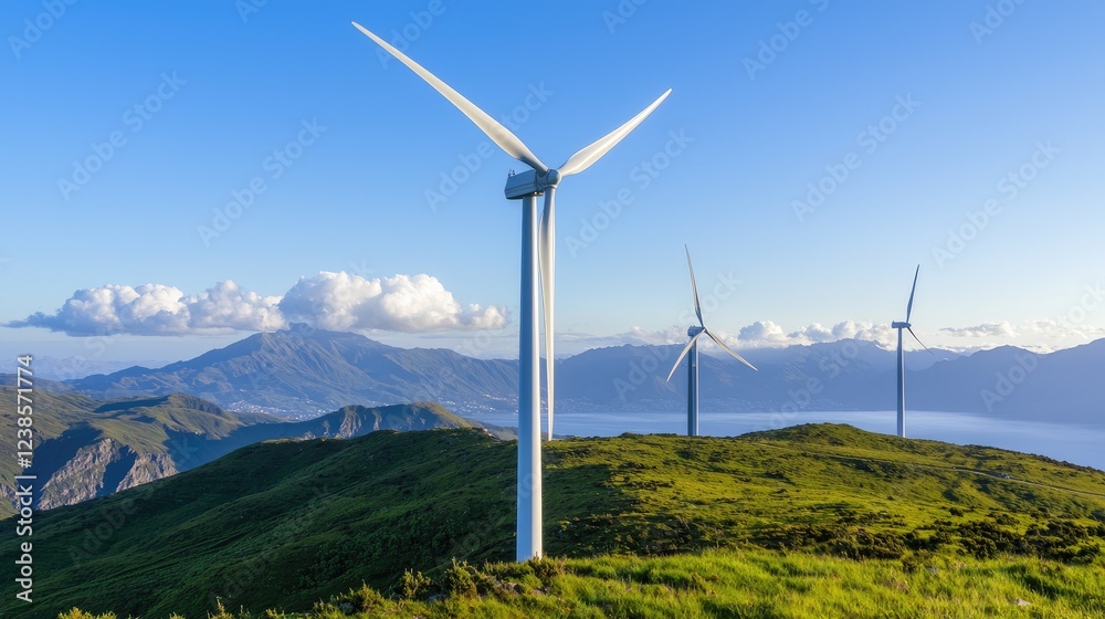 Wind turbines generating clean energy coastal mountains landscape photography sunny environment scenic view renewable energy Wind turbines generating clean energy coastal mountains landscape photography sunny environment scenic view renewable energy