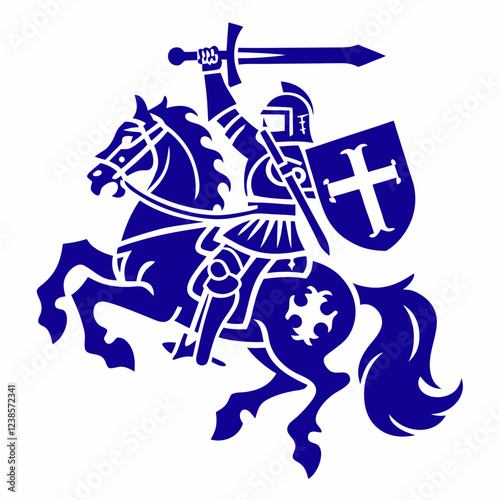 Knight in Armor Riding a Horse, Holding a Sword and Shield with Cross Symbol