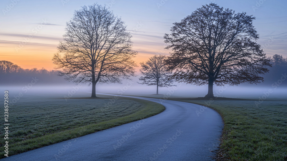 A long, empty road disappearing into the soft morning fog, surrounded by quiet trees, evoking a peaceful yet mysterious atmosphere. 