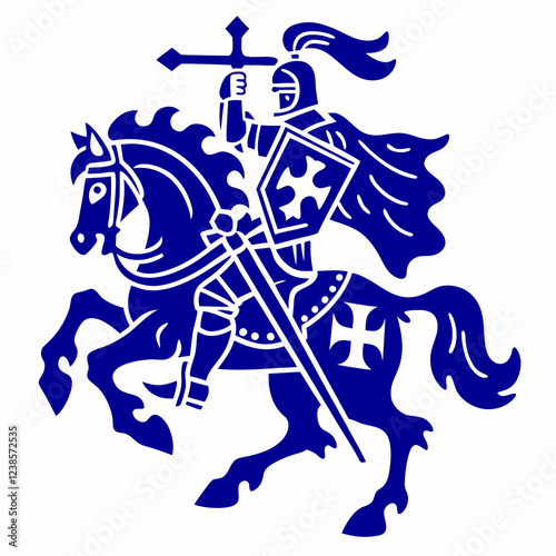 Knight in Armor Riding a Horse, Holding a Sword and Shield with Cross Symbol