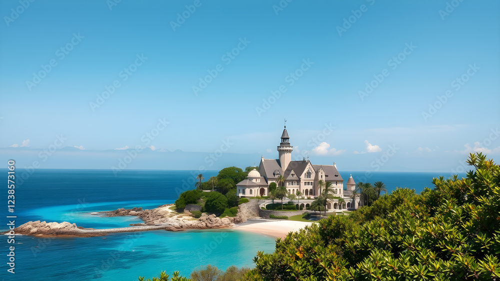 Naklejka premium Island, sea, luxurious hotel, beach, house, castle, Generative AI