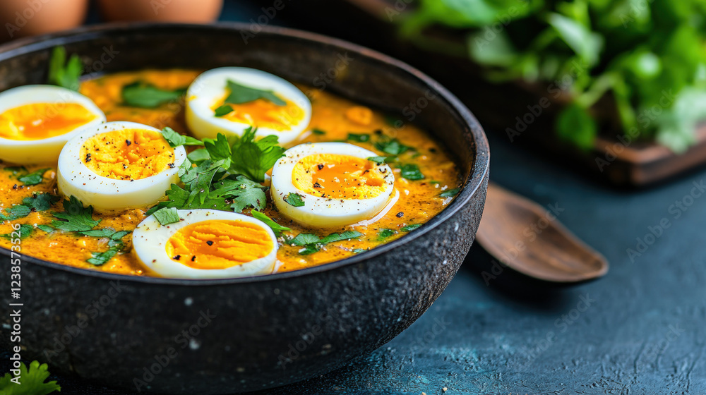 Egg lover, A steaming bowl of egg curry showcasing vibrant colors and textures, perfect for culinary and food-related content. Egg lover, A steaming bowl of egg curry showcasing vibrant colors and textures, perfect for culinary and food-related content.