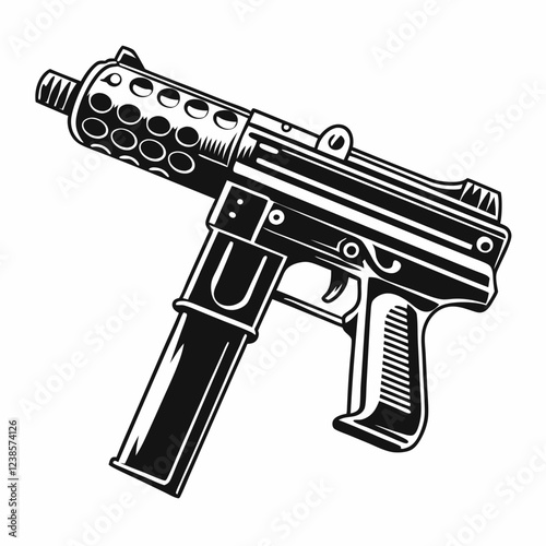 Detailed Submachine Gun with Barrel and Magazine, Sleek Modern Design