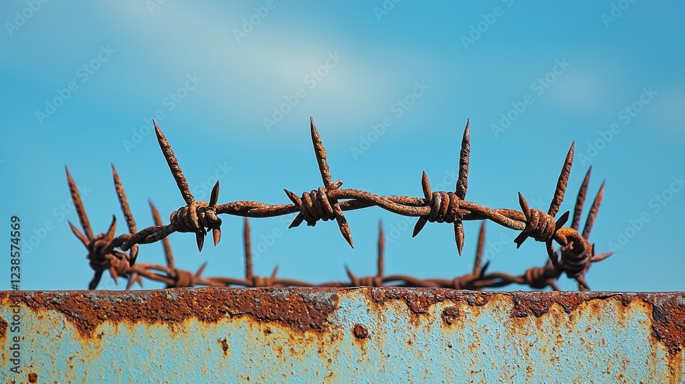 Naklejka premium Barbed wire crown symbolizing struggle and resilience against adversity. rusted metal contrasts with clear blue sky, evoking sense of hardship and strength