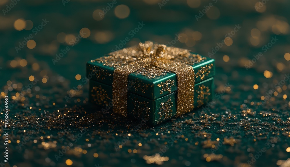 Obraz premium Close up of a small, dark green gift box adorned with gold glitter and a gold ribbon, resting on a bed of gold and green glitter. Soft, bokeh