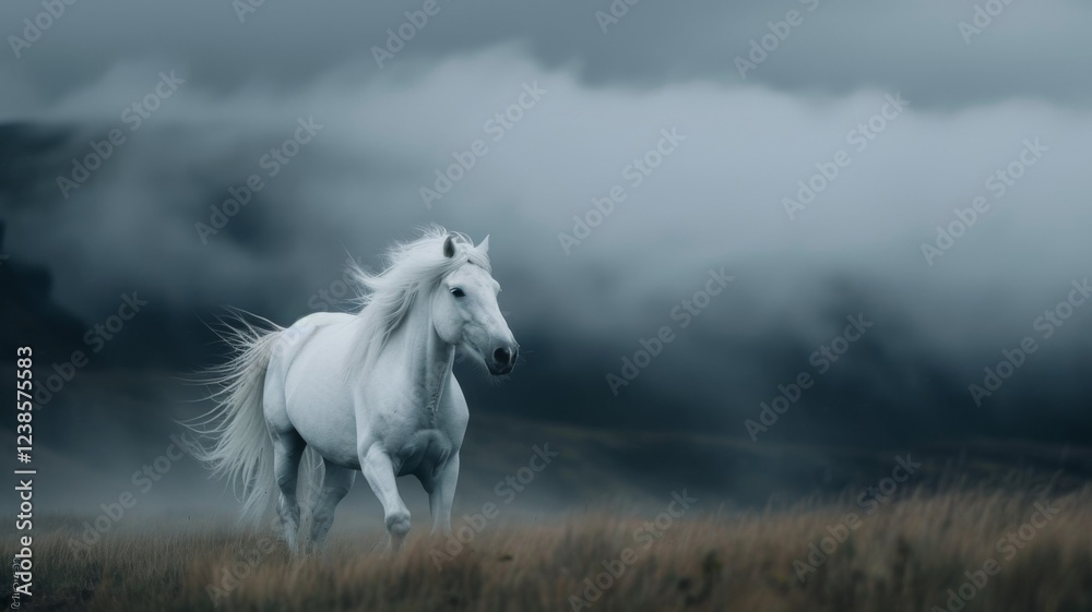Fototapeta premium Icelandic White Horse in Motion: A small but sturdy Icelandic horse, with its long mane flowing. The background features rugged volcanic terrain with moss-covered rocks and a dramatic cloudy sky. 