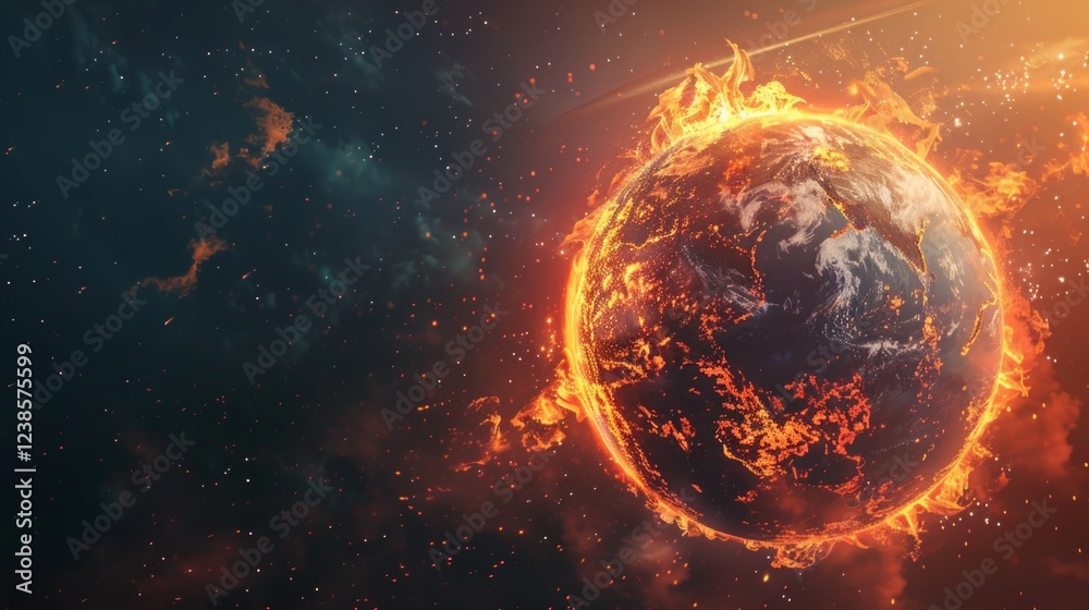 The background with burning planet Earth surrounded by space effects is perfect for science fiction projects, book covers about disasters and apocalypse, global warming The background with burning planet Earth surrounded by space effects is perfect for science fiction projects, book covers about disasters and apocalypse, global warming
