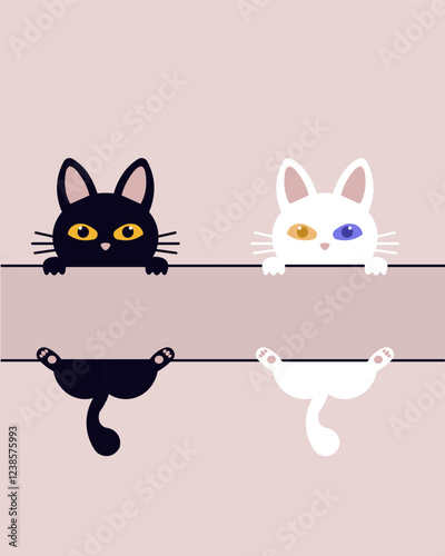A black cat and a white cat are staring at you illustration