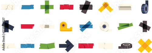 Set of sticky tapes in different colors, shapes, and a dispenser, providing solutions for attaching and mending
