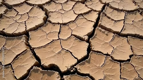 A close-up view of arid, cracked earth reveals intricate patterns and textures formed by deep fissures in a rugged landscape.