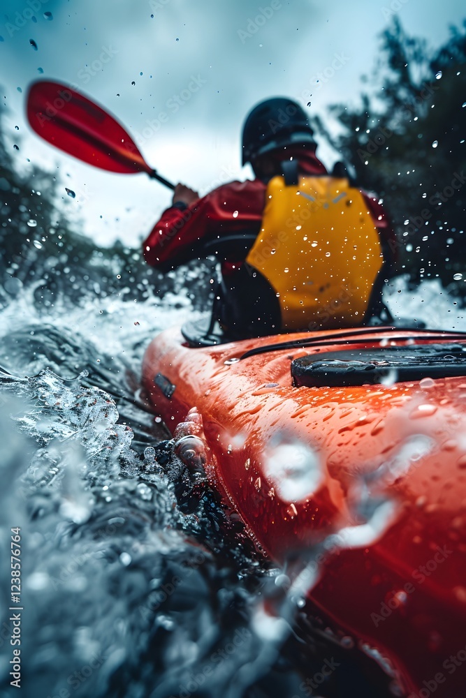 Fototapeta premium Whitewater Adventure: Kayaking in Motion on a Thrilling River Journey