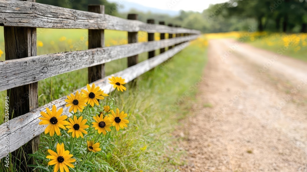 custom made wallpaper toronto digitalCountryside roads nature concept. A serene country road lined with vibrant sunflowers and rustic wooden fencing.