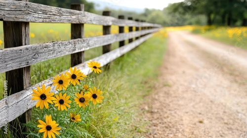 Wallpaper Mural Countryside roads nature concept. A serene country road lined with vibrant sunflowers and rustic wooden fencing. Torontodigital.ca