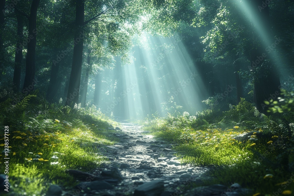 Sunbeams through forest path, nature scene Sunbeams through forest path, nature scene