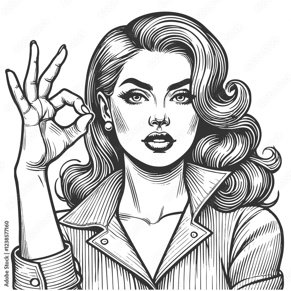 Woman with OK Hand Gesture engraving raster Woman with OK Hand Gesture engraving raster