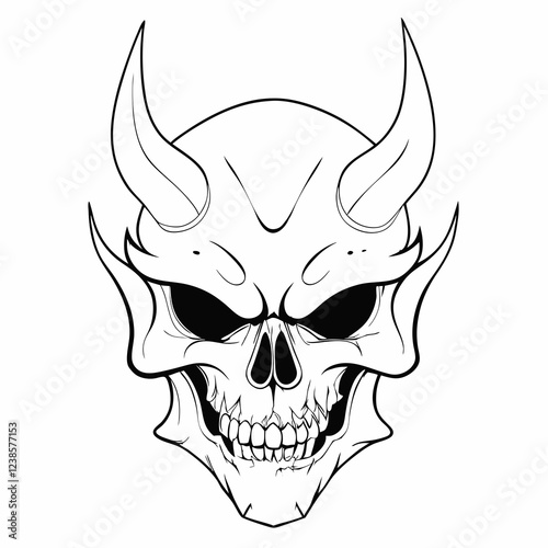 Skull with Devilish Horns and Sharp Grin, Dark and Sinister Design