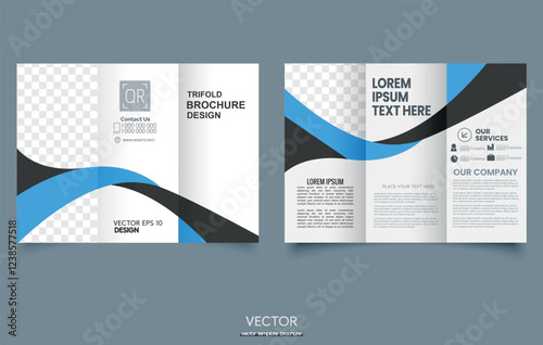 Creative tri-fold template. Abstract geometric background leaflet layout. Black and blue color vector illustration.