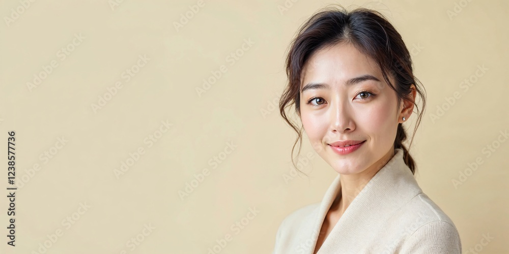 Elegant Asian woman portrait with a warm smile against soft neutral backdrop Elegant Asian woman portrait with a warm smile against soft neutral backdrop