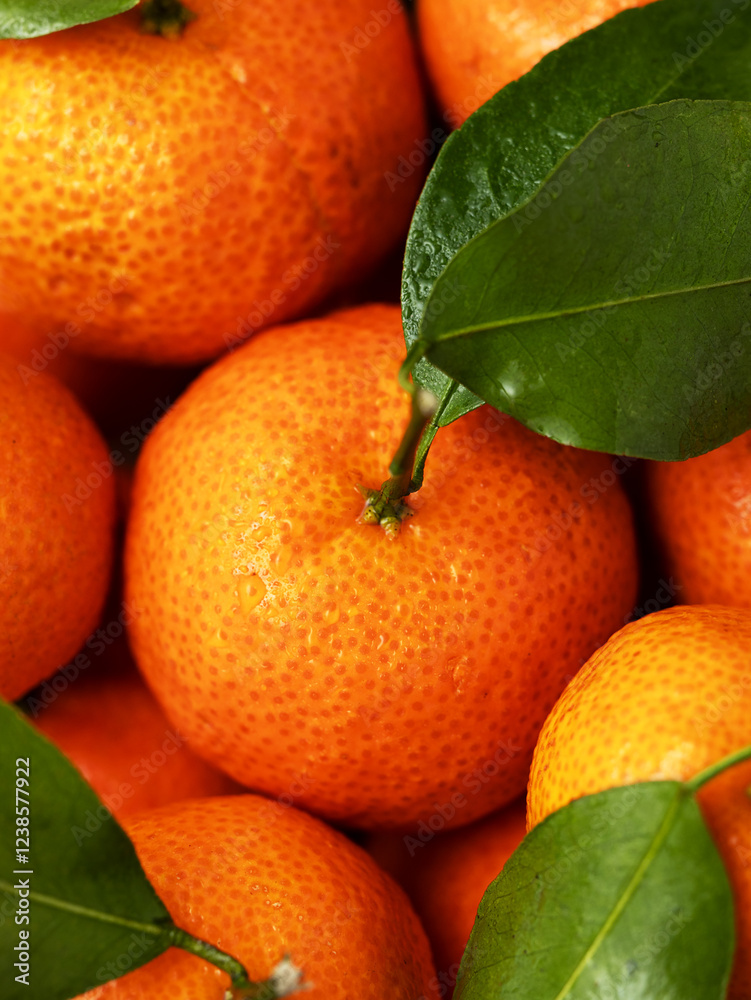 Сlose-up of a mini tangerines with green leaves. Top view. Juicy citrus with orange peel full of vitamin C Сlose-up of a mini tangerines with green leaves. Top view. Juicy citrus with orange peel full of vitamin C