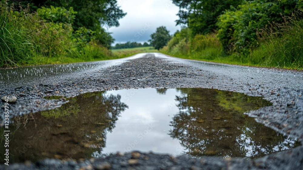 Countryside roads nature concept. A serene gravel road reflecting clouds in a puddle amidst lush greenery. Countryside roads nature concept. A serene gravel road reflecting clouds in a puddle amidst lush greenery.