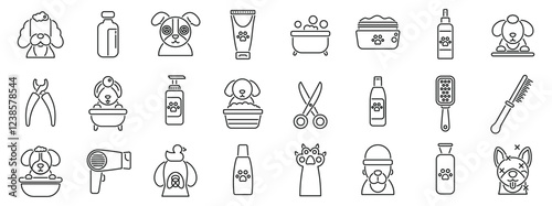 Spa procedures pets icons set. Essential tools and products for canine hygiene and grooming, ensuring a clean, healthy, and happy pet