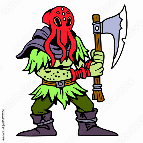 Fantasy Creature with Tentacle Head, Battle Axe, and Warrior Outfit