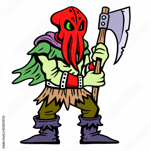 Fantasy Creature with Tentacle Head, Battle Axe, and Warrior Outfit