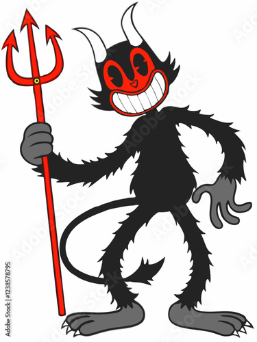 Playful Cartoon Devil Character with Horns, Trident, and Mischievous Smile