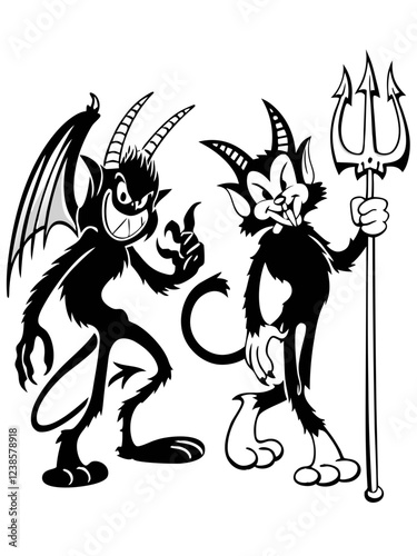 Two Mischievous Devil Characters with Tridents, Cartoonish and Playful Designs