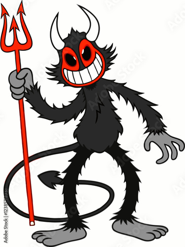 Playful Cartoon Devil Character with Horns, Trident, and Mischievous Smile