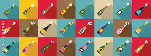 Champagne explosion icons set. Colorful popping champagne bottles pattern celebrating a special occasion with festive bubbly drinks