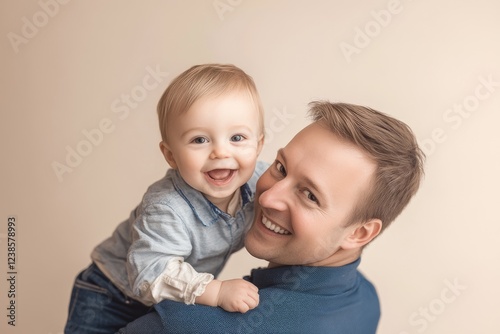 A happy father beams with joy as he holds his giggling baby boy close, creating a heartwarming moment of pure paternal love.