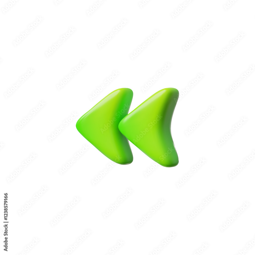Green double arrowhead 3D cartoon vector icon, render glossy left cursor, previous pointer, play back button accelerated