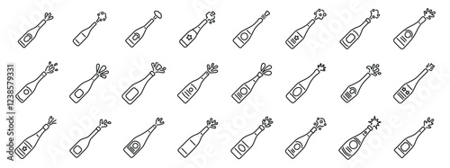 Champagne explosion icons set. Collection of popping champagne bottle line icons representing celebration, party, and festive moments