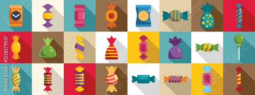 Candy wrappers icons set. Flat design icons of assorted wrapped candies, lollipops, and sweet snacks, showcasing a variety of shapes, colors, and packaging styles
