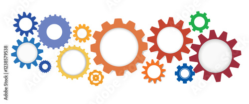 Multicolored gears background, symbolizing teamwork, mechanics, and innovation. Vector illustration.