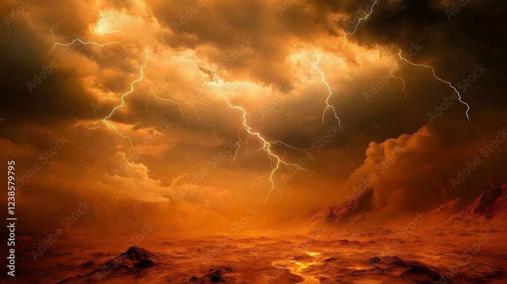 Obraz premium Fiery Inferno: A Dramatic Landscape Under a Stormy Sky