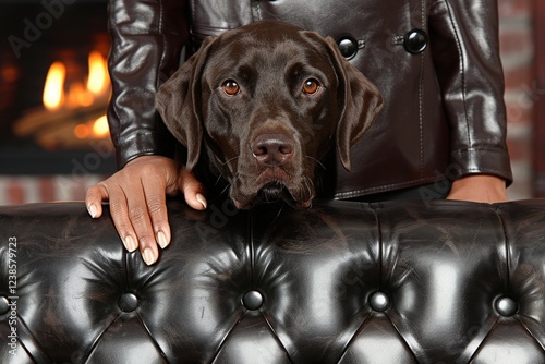 A close-up of a brown dog resting its head on a leather couch, with a hand gently placed on the furniture and a warm fireplace in the background.