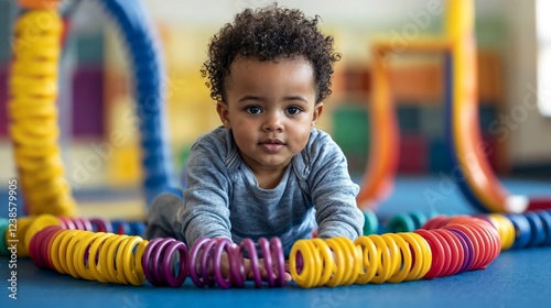 Happy African toddler playing with colorful rings at daycare. Perfect for early childhood education, developmental activities, and inclusive learning content.