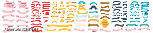Set of colorful vector ribbon banners with labels, tags, and quality badges. Vector illustration.