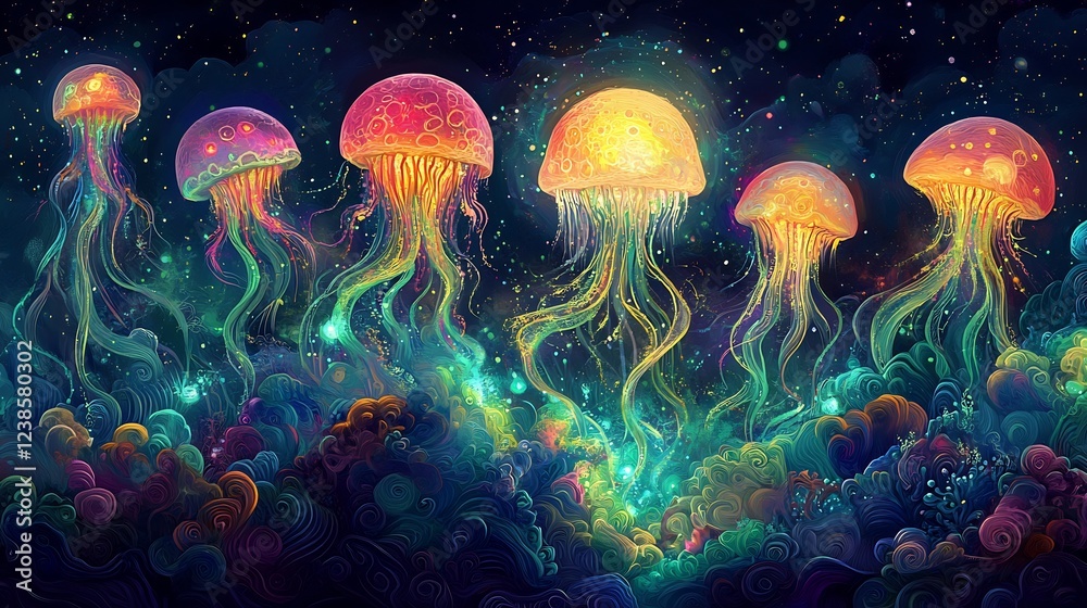 Naklejka premium Vibrant bioluminescent jellyfish gracefully drift in a cosmic ocean scene. AI Generated
