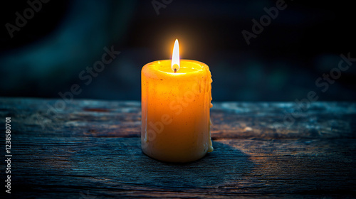 A solitary candle on an old wooden table, its warm light flickering gently, creating a peaceful and contemplative atmosphere.